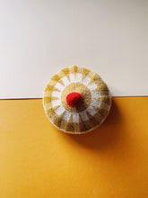 Load image into Gallery viewer, Beret Hat - Checkered Yellow Gold and Cream with Candy Red Pom Pom
