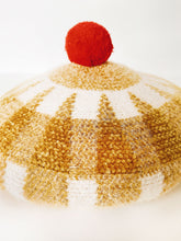 Load image into Gallery viewer, Beret Hat - Checkered Yellow Gold and Cream with Candy Red Pom Pom

