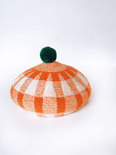Load image into Gallery viewer, Beret Hat - Checkered Peach Pink and Cream with Dark Green Pom Pom
