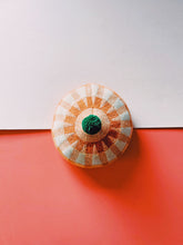 Load image into Gallery viewer, Beret Hat - Checkered Peach Pink and Cream with Dark Green Pom Pom
