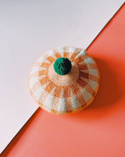 Load image into Gallery viewer, Beret Hat - Checkered Peach Pink and Cream with Dark Green Pom Pom
