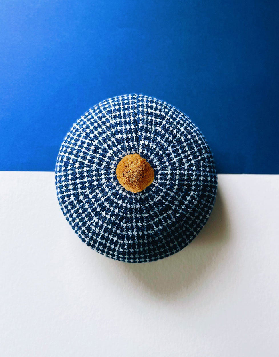 Beret Hat - Tattersall Plaid Navy Blue and Cream with Gold Pom Pom