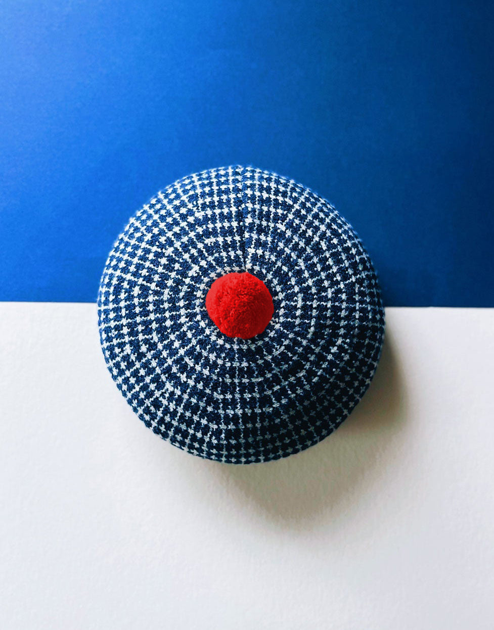 Beret Hat - Tattersall Plaid Navy Blue and Cream with Bright Red Pom Pom