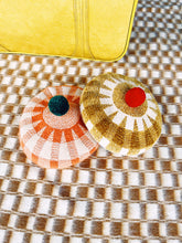 Load image into Gallery viewer, Beret Hat - Checkered Peach Pink and Cream with Dark Green Pom Pom
