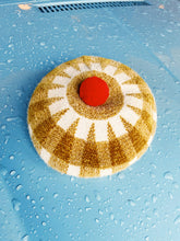 Load image into Gallery viewer, Beret Hat - Checkered Yellow Gold and Cream with Candy Red Pom Pom
