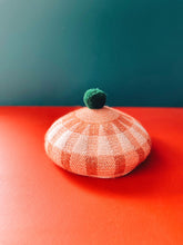 Load image into Gallery viewer, Beret Hat - Checkered Peach Pink and Cream with Dark Green Pom Pom

