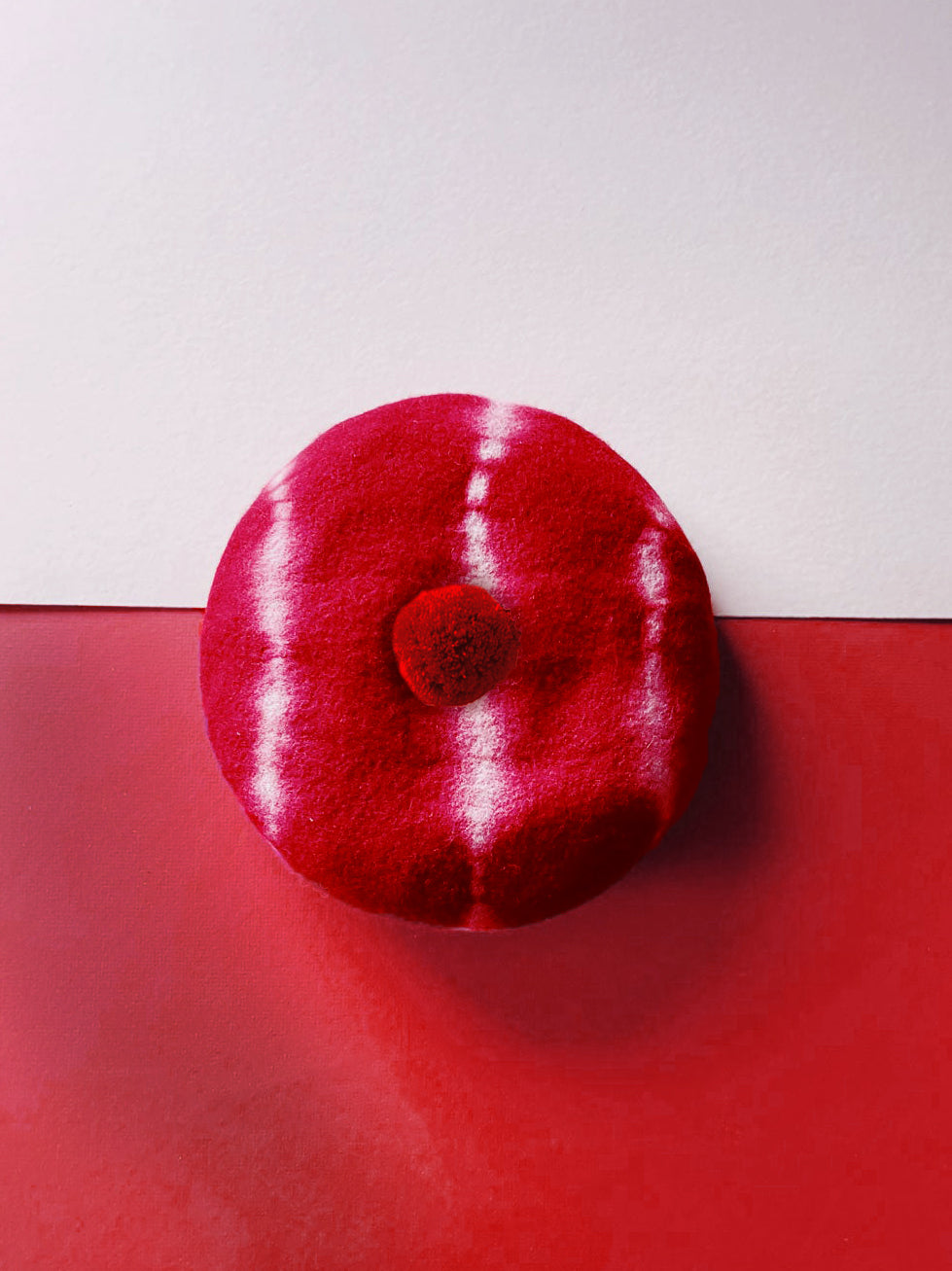 Beret Hat - Shibori Tie Dye Wine Red with Wine Red Pom Pom
