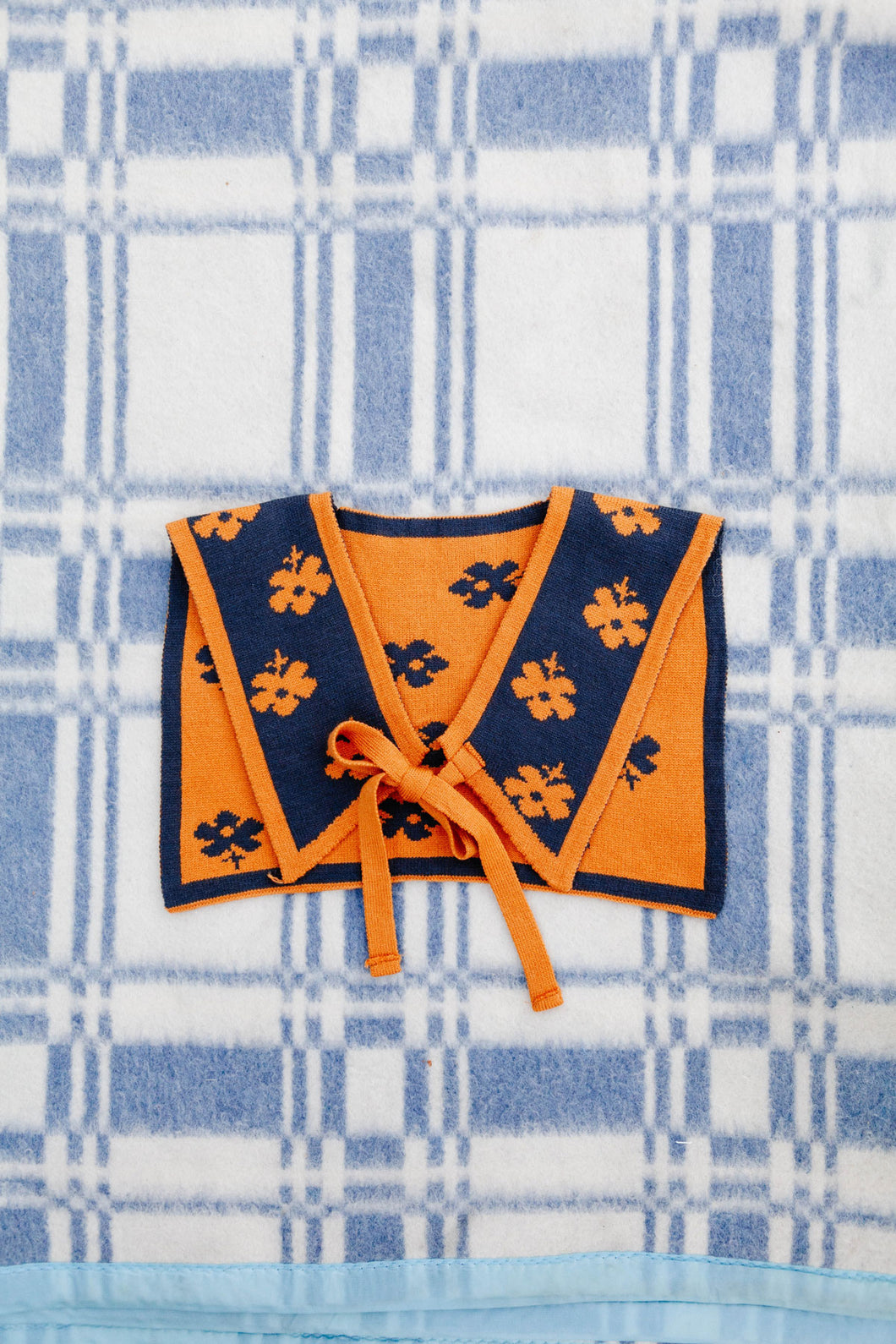 Faux Collar - Floral Amber Orange, Navy - Double Sided