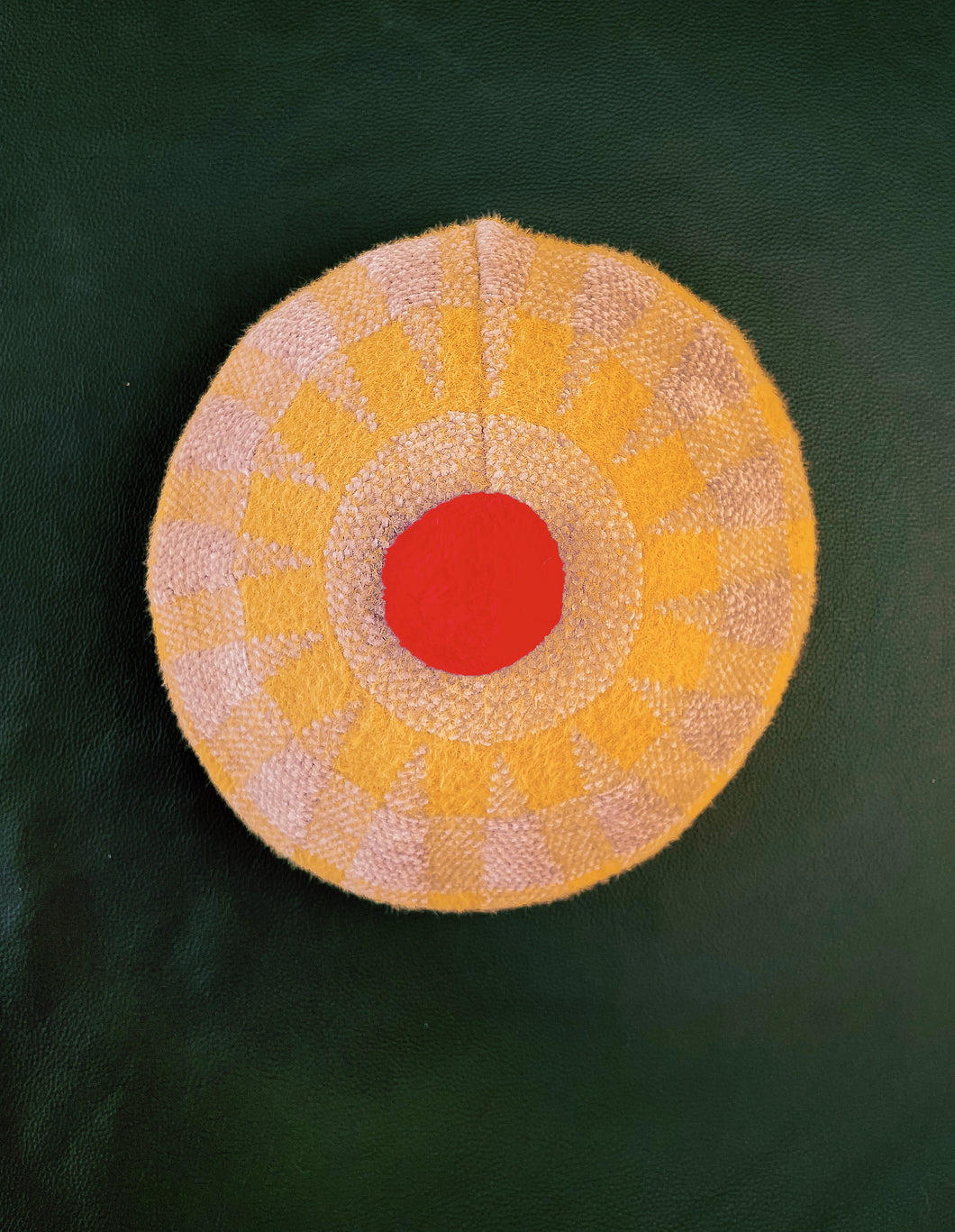Beret Hat - Checkered Tan and Yellow with Bright Red Pom Pom
