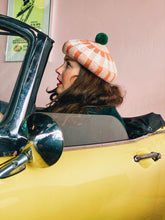 Load image into Gallery viewer, Beret Hat - Checkered Peach Pink and Cream with Dark Green Pom Pom

