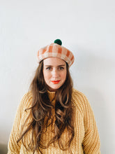 Load image into Gallery viewer, Beret Hat - Checkered Peach Pink and Cream with Dark Green Pom Pom
