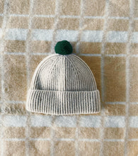 Load image into Gallery viewer, Fisherman Short Rib-Knit Beanie Cap - Cream with Evergreen Pom Pom
