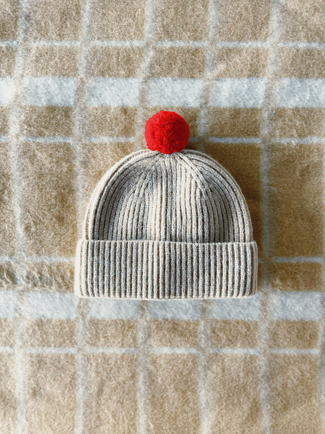 Fisherman Short Rib-Knit Beanie Cap - Cream with Bright Red Pom Pom