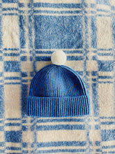 Load image into Gallery viewer, Fisherman Short Rib-Knit Beanie Cap - Royal Blue with Creamy White Pom Pom
