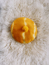 Load image into Gallery viewer, Beret Hat - Shibori Tie Dye Saffron Yellow with Saffron Orange Yellow Pom Pom
