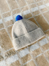 Load image into Gallery viewer, Fisherman Short Rib-Knit Beanie Cap - Cream with Royal Blue Pom Pom
