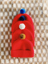 Load image into Gallery viewer, Fisherman Short Rib-Knit Beanie Cap - Bright Red with Gold Pom Pom
