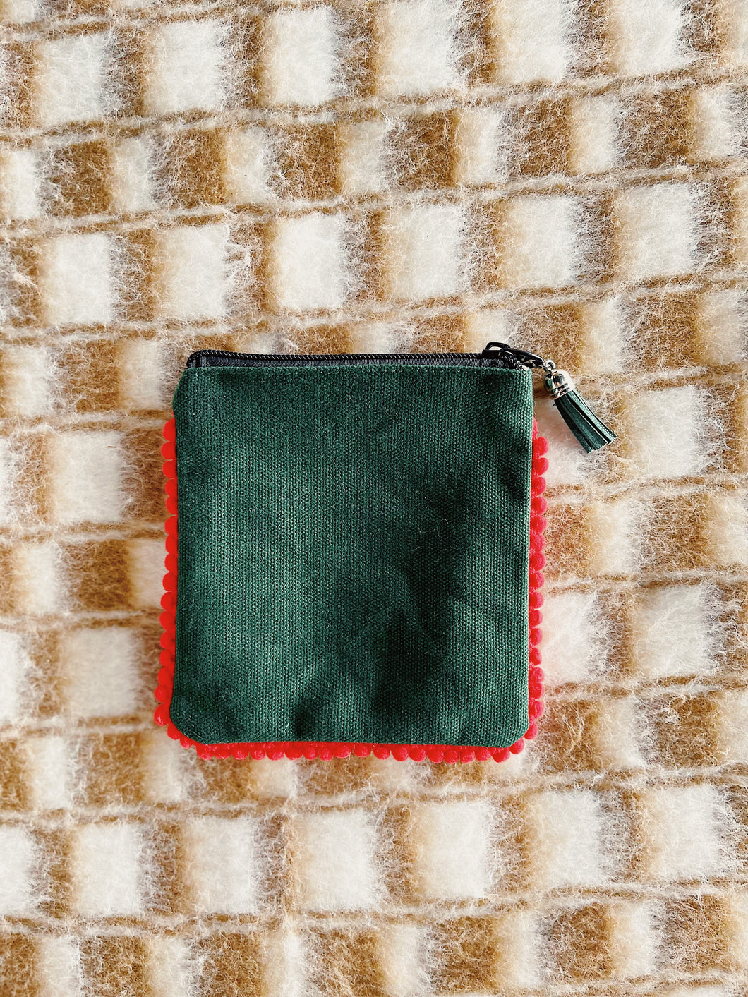 Coin Purse - Evergreen with Red Scallop Trim