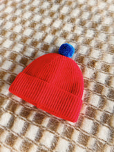 Load image into Gallery viewer, Fisherman Short Rib-Knit Beanie Cap - Bright Red with Royal Blue Pom Pom
