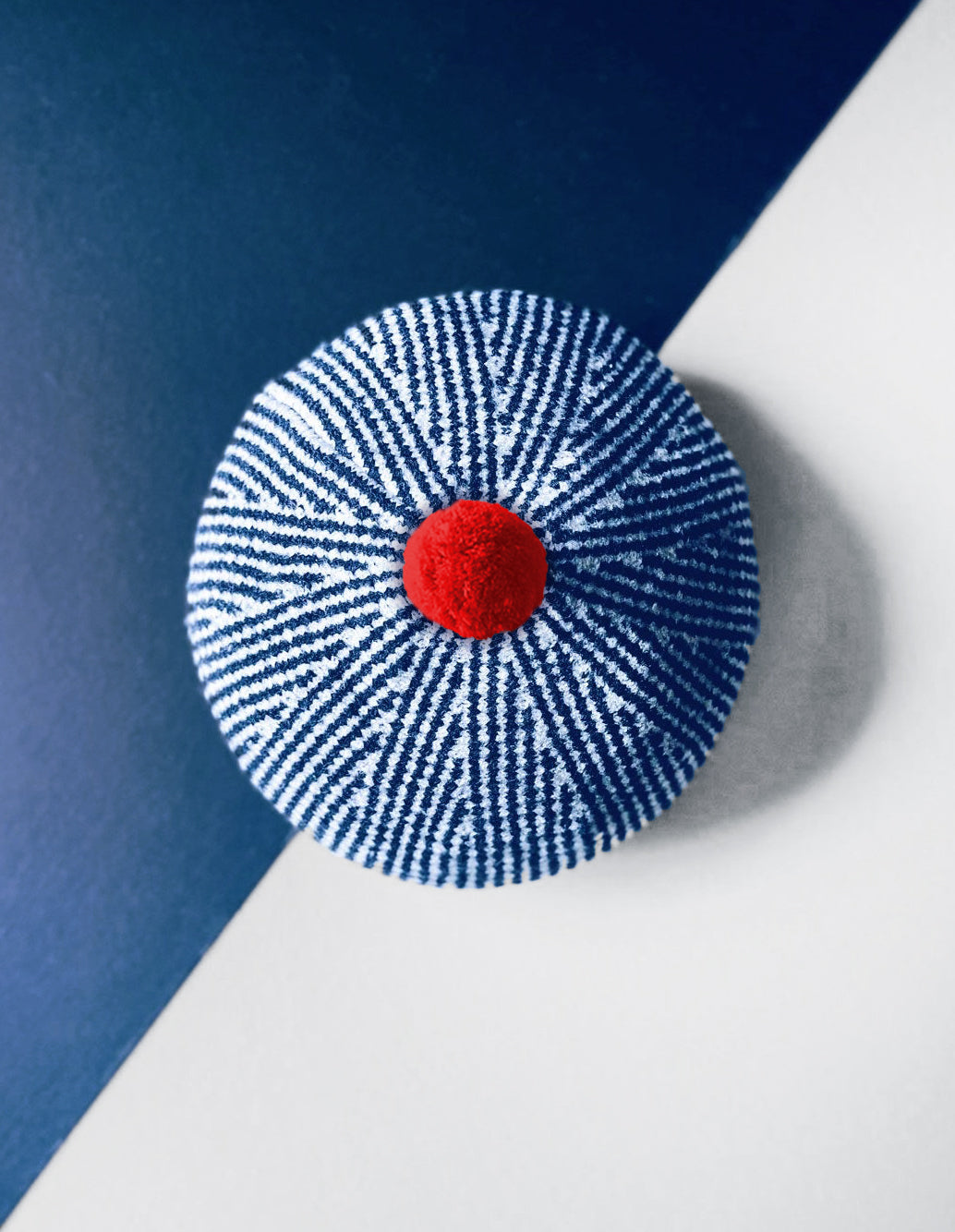 Beret Hat - Stripe Navy and Cream with Bright Red Pom Pom