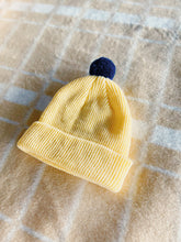 Load image into Gallery viewer, Fisherman Short Rib-Knit Beanie Cap - Light Yellow with Navy Blue Pom Pom
