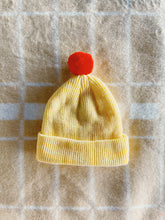 Load image into Gallery viewer, Fisherman Short Rib-Knit Beanie Cap - Light Yellow with Bright Red Pom Pom
