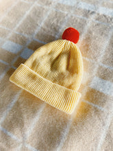 Load image into Gallery viewer, Fisherman Short Rib-Knit Beanie Cap - Light Yellow with Bright Red Pom Pom
