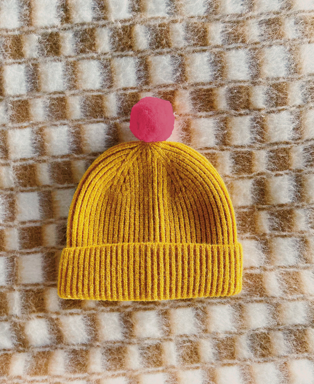 Fisherman Short Rib-Knit Beanie Cap - Mustard Yellow with Coral Pink Pom Pom
