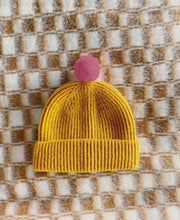 Load image into Gallery viewer, Fisherman Short Rib-Knit Beanie Cap - Mustard Yellow w/ Mauve Pink Purple Pom Pom

