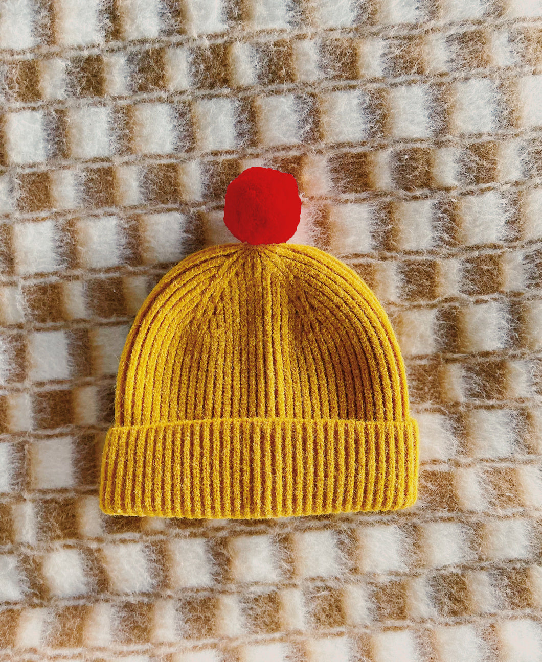 Fisherman Short Rib-Knit Beanie Cap - Mustard Yellow with Bright Red Pom Pom