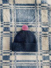 Load image into Gallery viewer, Fisherman Short Rib-Knit Beanie Cap - Navy Blue with Mauve Purple Pink Pom Pom
