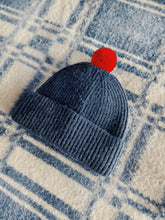 Load image into Gallery viewer, Fisherman Short Rib-Knit Beanie Cap - Navy Blue with Bright Red Pom Pom
