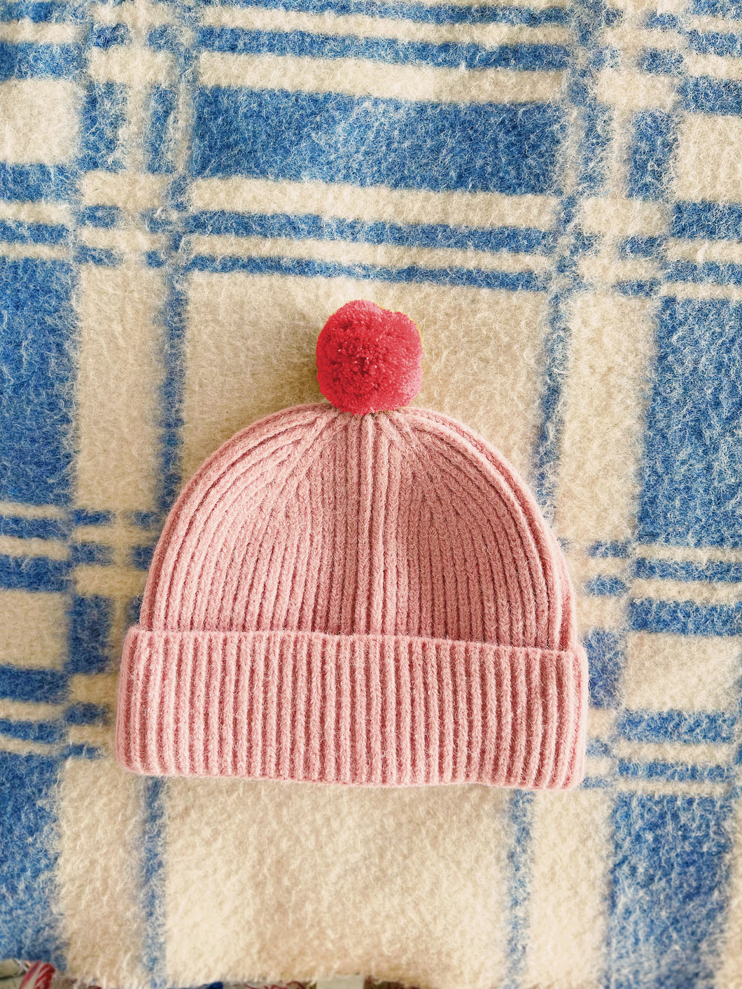 Fisherman Short Rib-Knit Beanie Cap - Pink with Coral Pink Pom Pom
