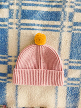 Load image into Gallery viewer, Fisherman Short Rib-Knit Beanie Cap - Pink with Marigold Yellow Pom Pom
