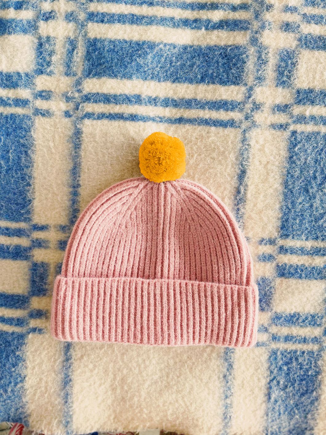 Fisherman Short Rib-Knit Beanie Cap - Pink with Marigold Yellow Pom Pom