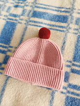 Load image into Gallery viewer, Fisherman Short Rib-Knit Beanie Cap - Pink with Wine Red Pom Pom
