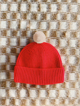 Load image into Gallery viewer, Fisherman Short Rib-Knit Beanie Cap - Bright Red with Cream Pom Pom
