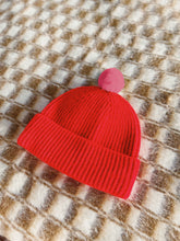 Load image into Gallery viewer, Fisherman Short Rib-Knit Beanie Cap - Bright Red with Bubblegum Pink Pom Pom
