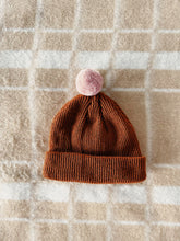 Load image into Gallery viewer, Fisherman Short Rib-Knit Beanie Cap - Rust with Extra Light Baby Pink Pom Pom
